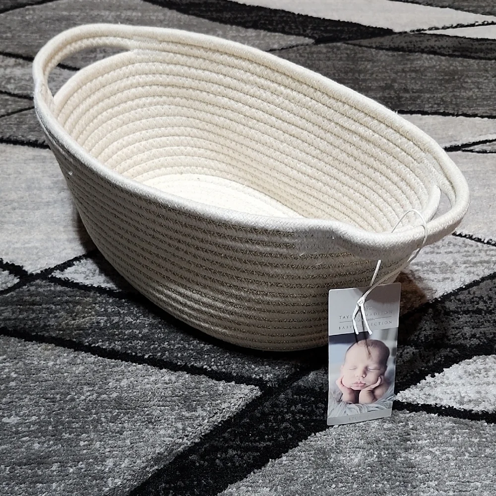 TAYLOR MADISON DESIGNS BABY COLLECTION OVAL WOVEN GOLD-TRIM STORAGE BASKET